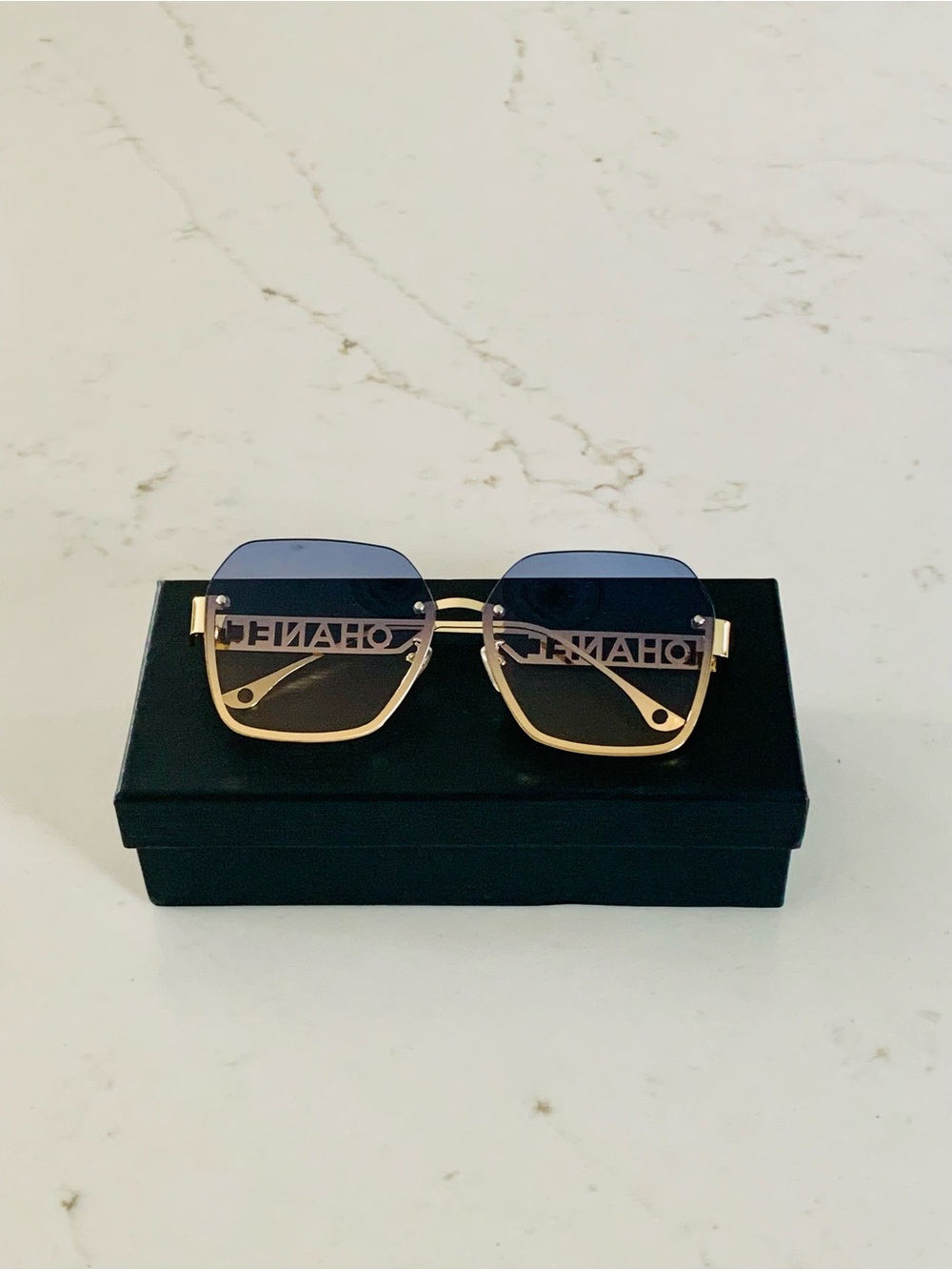 Oversized Rimless Square Sunglasses Gold Filigree Letter Logo Gradient Blue Pink